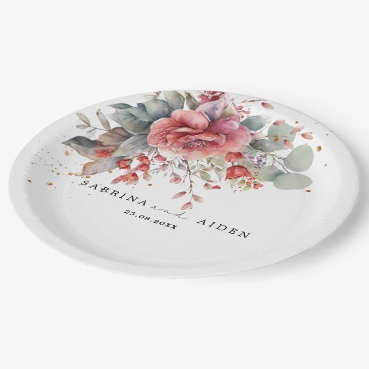 schaduw van blush roze perzik stoffige blauwe brui papieren bordje (Gekanteld)