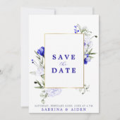 Schaduw van Royal Blue Ivory Floral Fotobruiloft Save The Date (Voorkant)