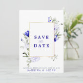 Schaduw van Royal Blue Ivory Floral Fotobruiloft Save The Date (Staand voorkant)