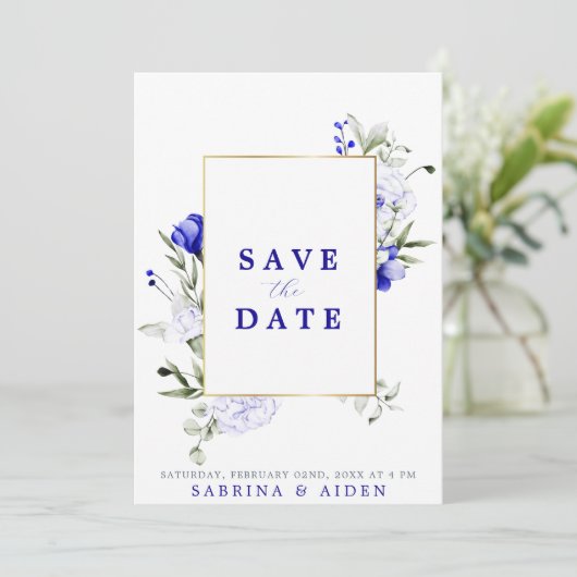 Schaduw van Royal Blue Ivory Floral Fotobruiloft Save The Date (Staand voorkant)