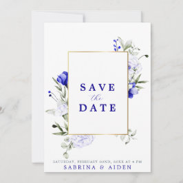 Schaduw van Royal Blue Ivory Floral Fotobruiloft Save The Date