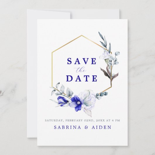 Schaduw van Royal Blue Ivory Floral Fotobruiloft Save The Date (Voorkant)