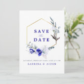 Schaduw van Royal Blue Ivory Floral Fotobruiloft Save The Date (Staand voorkant)