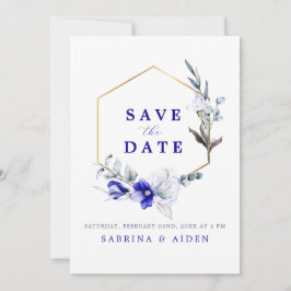Schaduw van Royal Blue Ivory Floral Fotobruiloft Save The Date