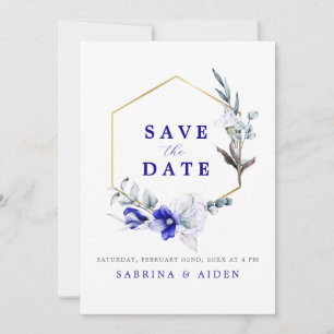 Schaduw van Royal Blue Ivory Floral Fotobruiloft Save The Date