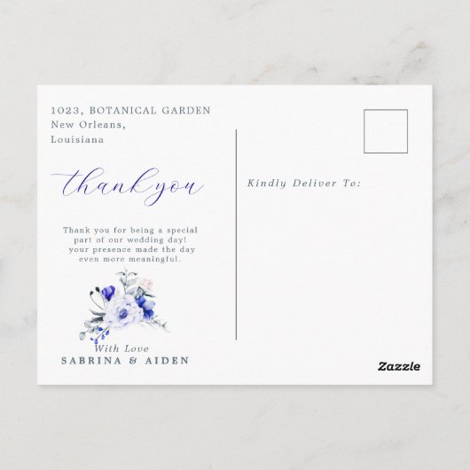 Schaduw van Royal Blue Ivory Floral Wedding Dank u Briefkaart (Achterkant)