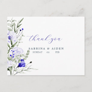 Schaduw van Royal Blue Ivory Floral Wedding Dank u Briefkaart