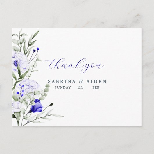 Schaduw van Royal Blue Ivory Floral Wedding Dank u Briefkaart (Voorkant)