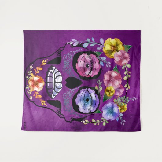 Schaduwen van Paarse Vrouw Flower Skull Wandkleed (Voorkant (horizontaal))