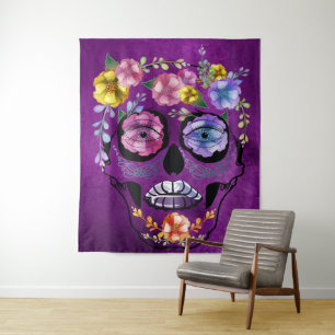 Schaduwen van Paarse Vrouw Flower Skull Wandkleed