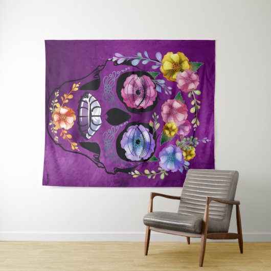 Schaduwen van Paarse Vrouw Flower Skull Wandkleed (In Situ (horizontaal))
