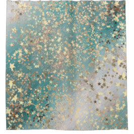 Schanterende Shimmery Gold Stars op Blauwgroen gli Douchegordijn