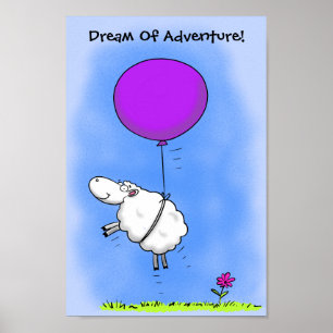 Schapen die vliegen met een roze ballon cartoon poster