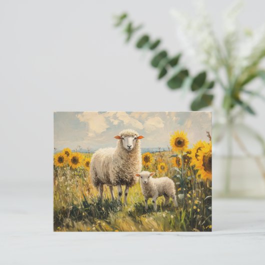 Schapen en Lam Zonnebloem Veld Briefkaart (Staand voorkant)