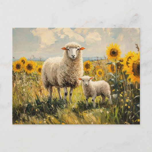 Schapen en Lam Zonnebloem Veld Briefkaart (Voorkant)