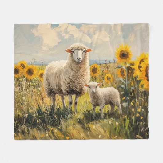 Schapen en Lam Zonnebloem Veld Fleece Deken (Voorkant (Horizontaal))
