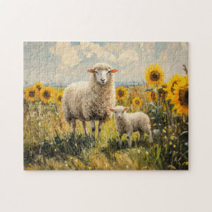 Schapen en Lam Zonnebloem Veld Legpuzzel