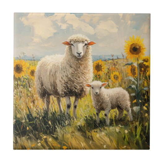 Schapen en Lam Zonnebloem Veld Tegeltje (Voorkant)