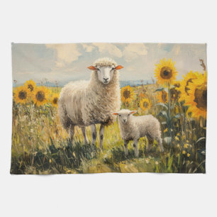 Schapen en Lam Zonnebloem Veld Theedoek