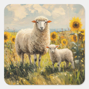 Schapen en Lam Zonnebloem Veld Vierkante Sticker