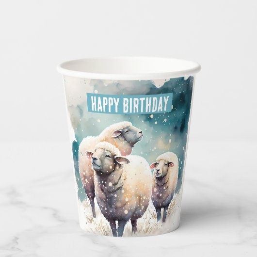 Schapen in een besneeuwd landschap - Verjaardagsfe Papieren Bekers (Achterkant)