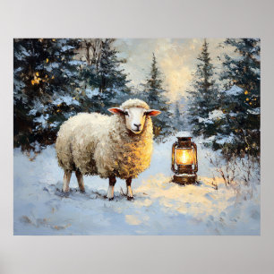 Schapen in een door lantaarns verlicht bos poster