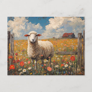Schapen in een Wildflower Field Rustiek Boerderij Briefkaart