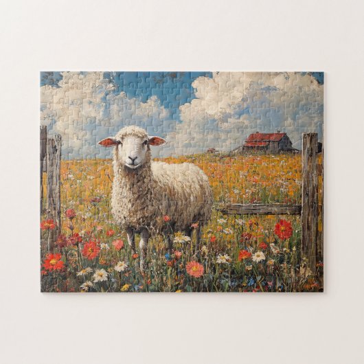 Schapen in een Wildflower Field Rustiek Boerderij Legpuzzel (Horizontaal)