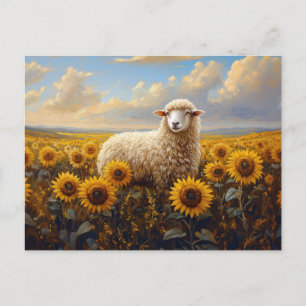 Schapen in een Zonnebloem Veld Schilderij Briefkaart