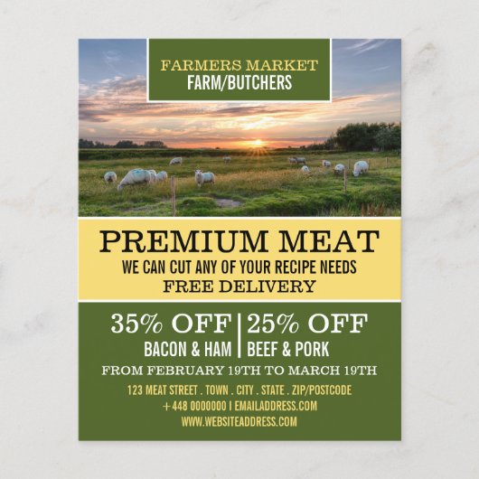 Schapen in het veld, boer en slager Adverteren Flyer (Voorkant)