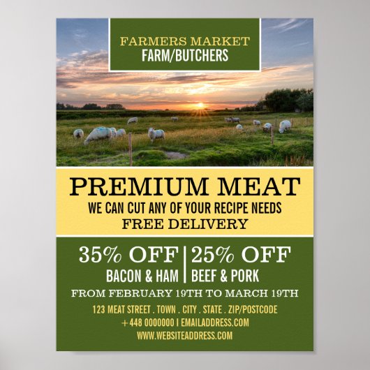 Schapen in het veld, boer en slager Adverteren Poster (Voorkant)