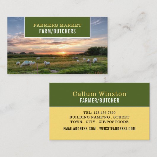 Schapen in het veld, boer en slager visitekaartje (Voorkant / Achterkant)