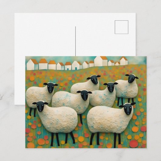 Schapen in het veld Kleine huizen op een rij Briefkaart (Voorkant / Achterkant)