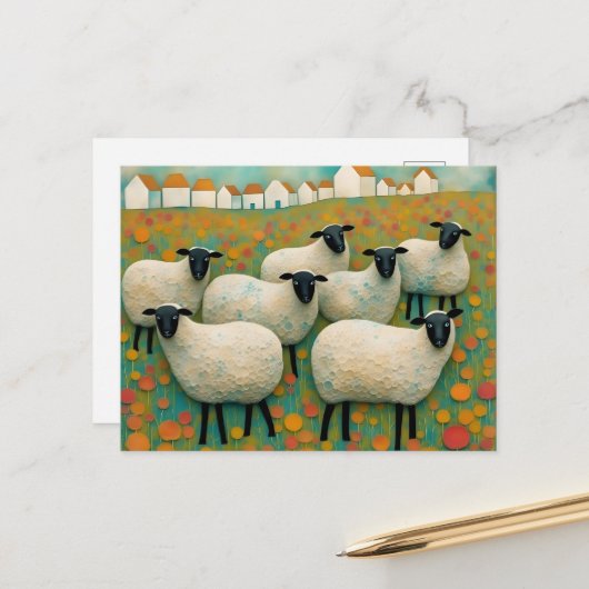 Schapen in het veld Kleine huizen op een rij Briefkaart (Voorkant / Achterkant in situ)