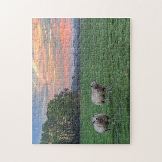 Schapen in het veld met zonsondergang legpuzzel (Verticaal)