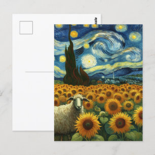 Schapen in het Zonnebloemenveld Een Faux Van Gogh Briefkaart
