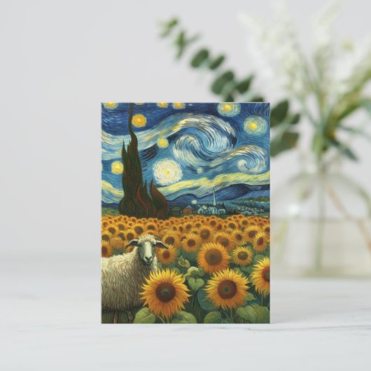 Schapen in het Zonnebloemenveld Een Faux Van Gogh Briefkaart (Staand voorkant)