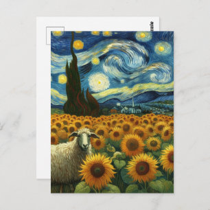 Schapen in het Zonnebloemenveld Een Faux Van Gogh Briefkaart