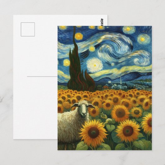 Schapen in het Zonnebloemenveld Een Faux Van Gogh Briefkaart (Voorkant / Achterkant)