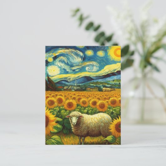 Schapen in het Zonnebloemveld Van Gogh Stijl Briefkaart (Staand voorkant)