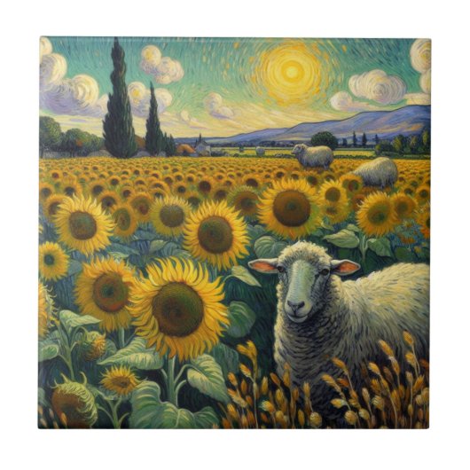 Schapen in het Zonnebloemveld Van Gogh Tegeltje (Voorkant)