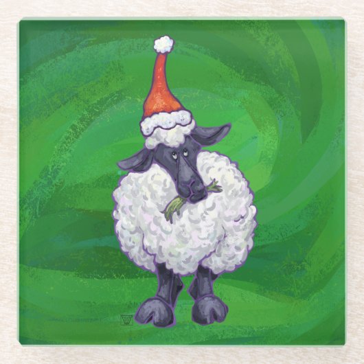 Schapen in Santa Hat op groen Glazen Onderzetter (Voorkant)
