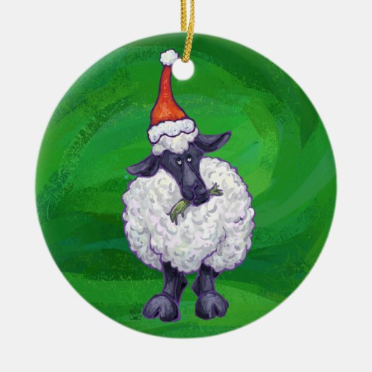 Schapen in Santa Hat op groen Keramisch Ornament (Voorkant)