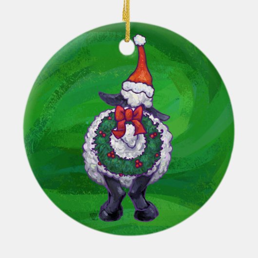 Schapen in Santa Hat op groen Keramisch Ornament (Achterkant)