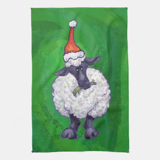 Schapen in Santa Hat op groen Theedoek (Verticaal)