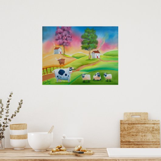 Schapen koeien folk art naive schilderij G Bruce Poster (Keuken)