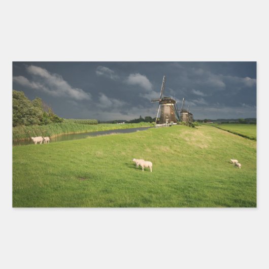 Schapen met windmolens onder donkere wolken rechthoekige sticker (Voorkant)