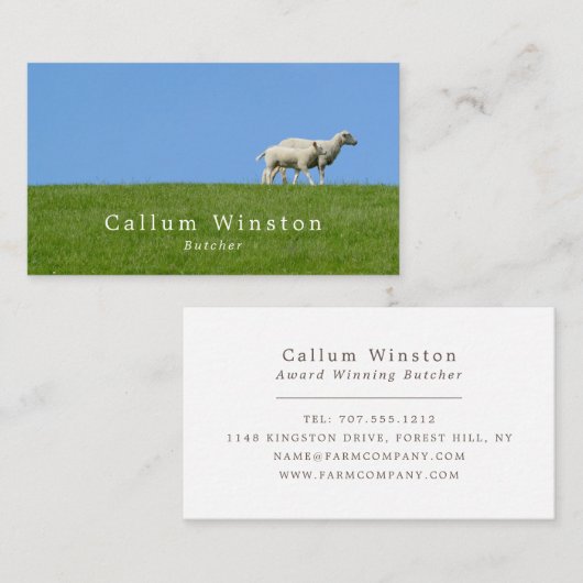 Schapen op gras, boer en slager visitekaartje (Voorkant / Achterkant)