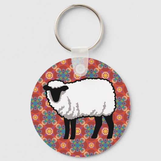 Schapen op  rood patroon sleutelhanger (Voorkant)