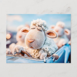Schapen slapen op auto stuurwiel illustratie feestdagenkaart